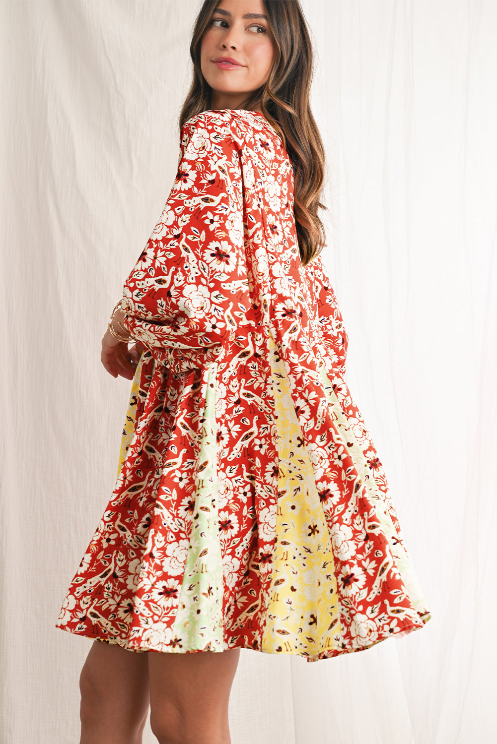 Red Boho Floral Patchwork Long Sleeve Pleated Dress-True and Wild