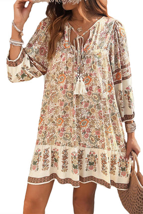 Apricot Floral Print Tassel Drawstring V Neck Loose Mini Dress-True and Wild