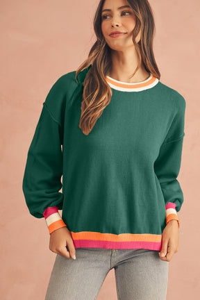 Parchment Striped Trim Drop Shoulder Sweater-True and Wild