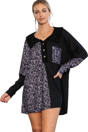 Black Waffle Knit and Leopard Print Color Block Oversized Henley Shirt-True and Wild