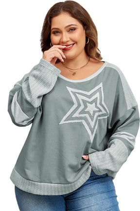 Mist Green Stars Patchwork Round Neck Plus Size Top-True and Wild