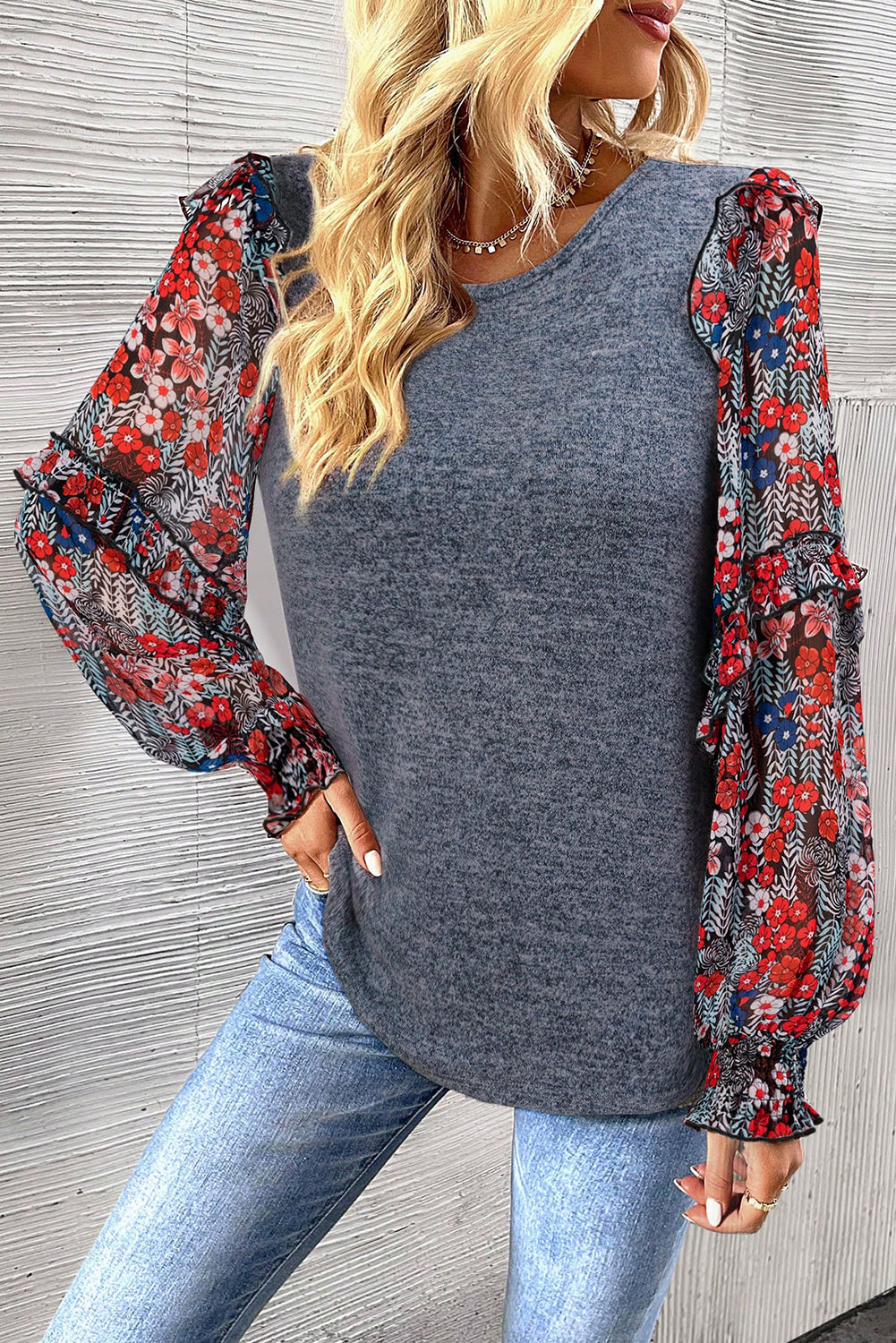 Blue Floral Ruffle Sleeve Patchwork Top-True and Wild