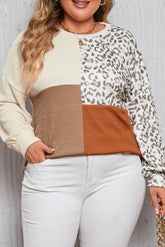 Khaki Ribbed Color Block Leopard Splicing Plus Size Top-True and Wild