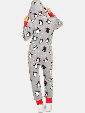 Printed Zip Up Long Sleeve Hooded Jumpsuit-True and Wild