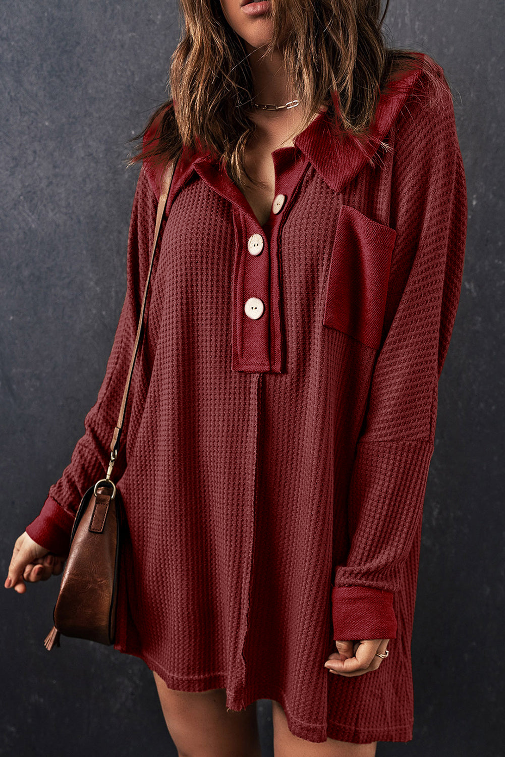 Red Waffle Pocket Seam Patchwork Loose Top-True and Wild