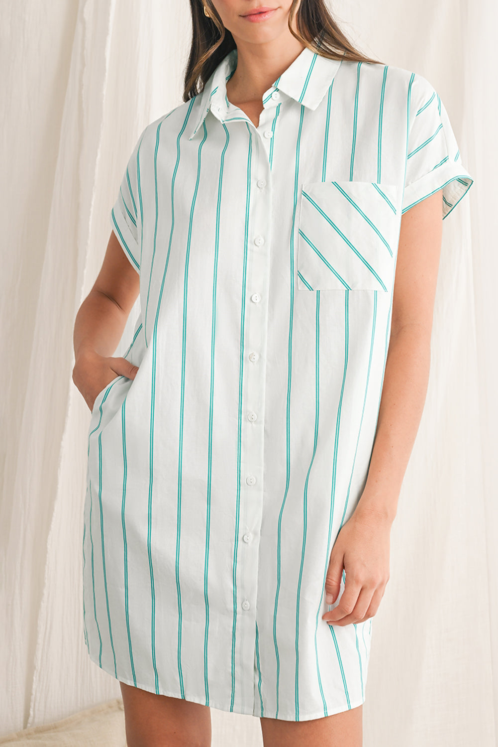 Mint Green Striped Pocket Short Sleeve Mini Dress-True and Wild