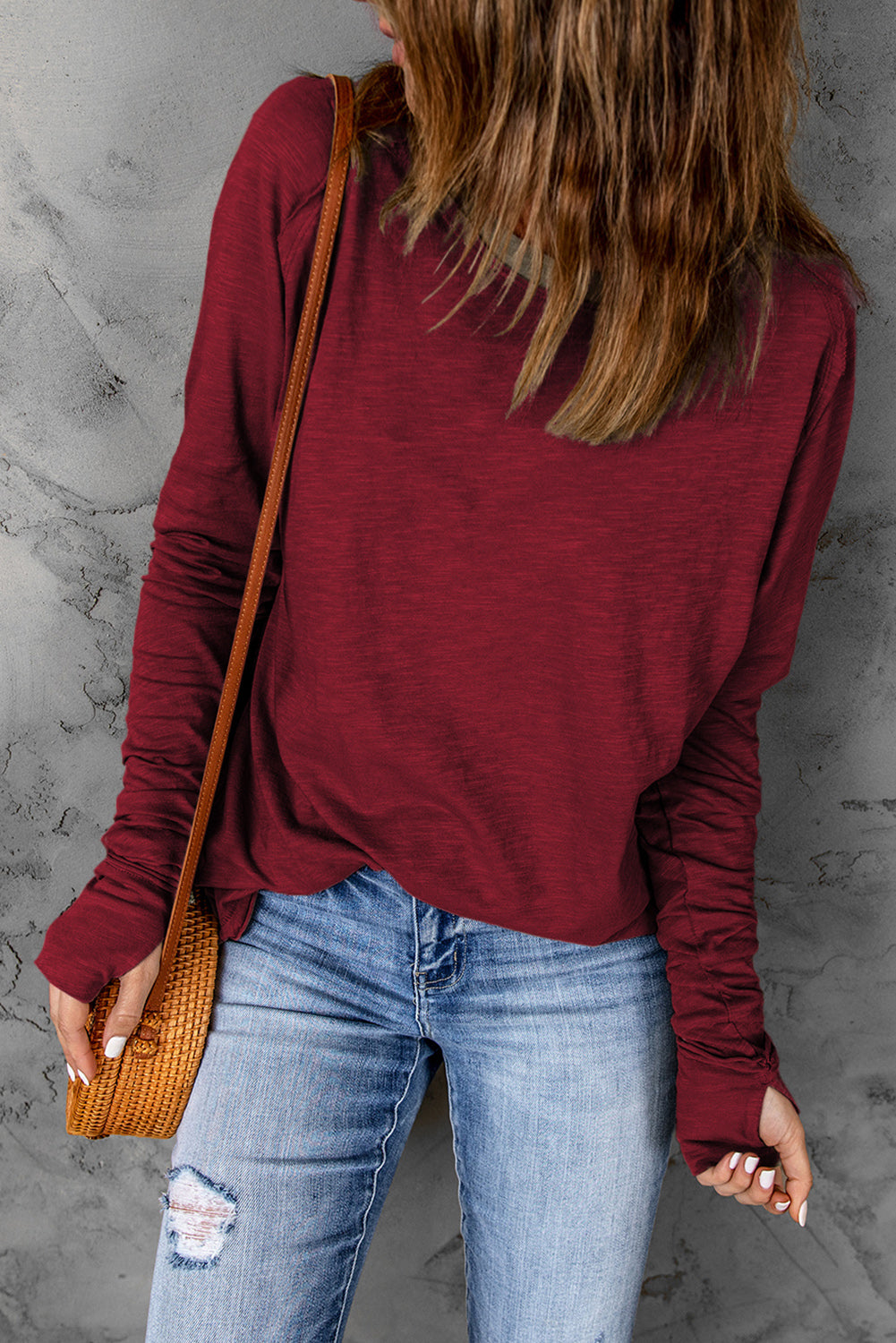 Green Plain Solid Casual Thumbhole Long Sleeve Top-True and Wild