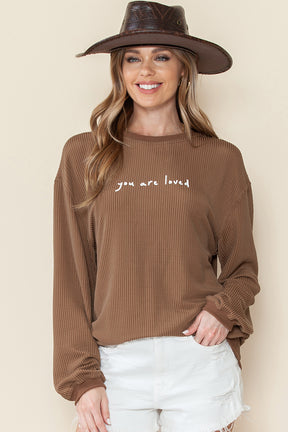 Khaki You Are Loved Print Crinkle Rib Sweatshirt-True and Wild