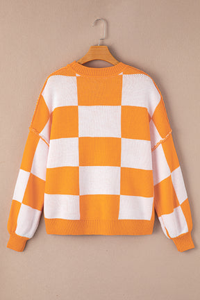 Orange & White Plaid Exposed Seam Bishop Sleeve Sweater-True and Wild