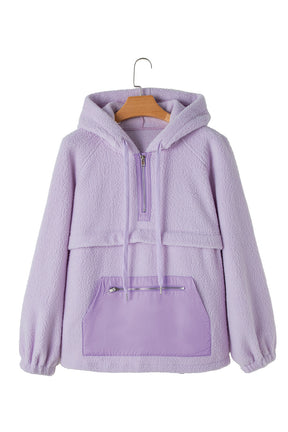 Lavendula Zipped Patch Pocket Fuzzy Drawstring Hoodie-True and Wild