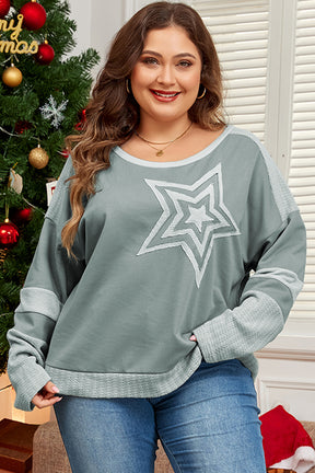 Mist Green Stars Patchwork Round Neck Plus Size Top-True and Wild