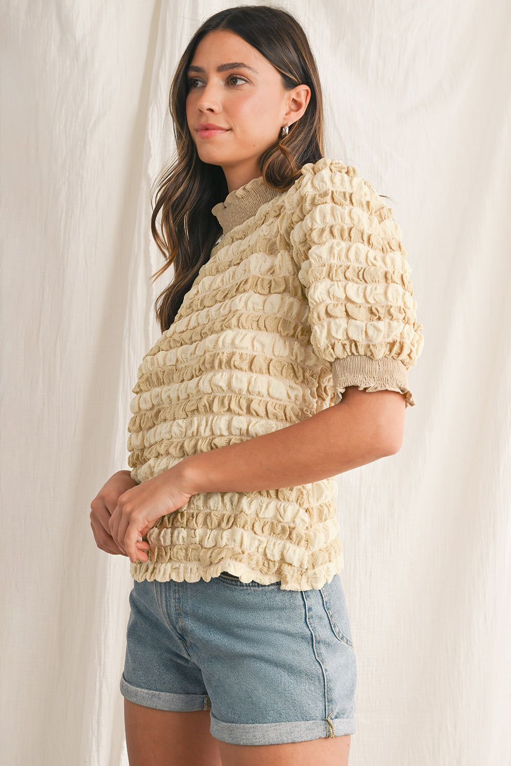 Beige Textured Frill Trim Smocked Puff Sleeve T Shirt-True and Wild