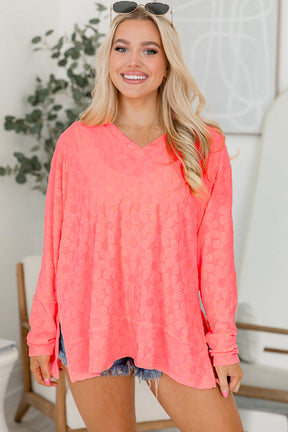 Apricot Pink Oversized Floral Jacquard V Neck Long Sleeve Top-True and Wild