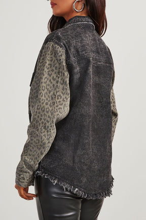 Raw Hem Leopard Snap Down Denim Jacket-True and Wild