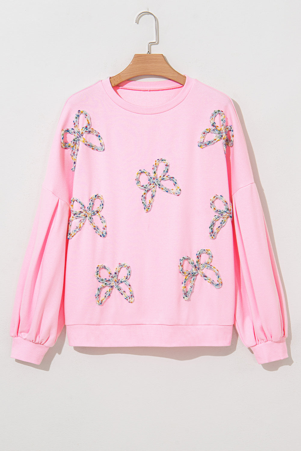 Light Pink Sweet Bow Lantern Sleeve Oversized Pullover Sweatshirt-True and Wild