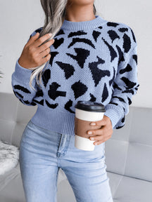 Leopard Round Neck Dropped Shoulder Sweater-True and Wild