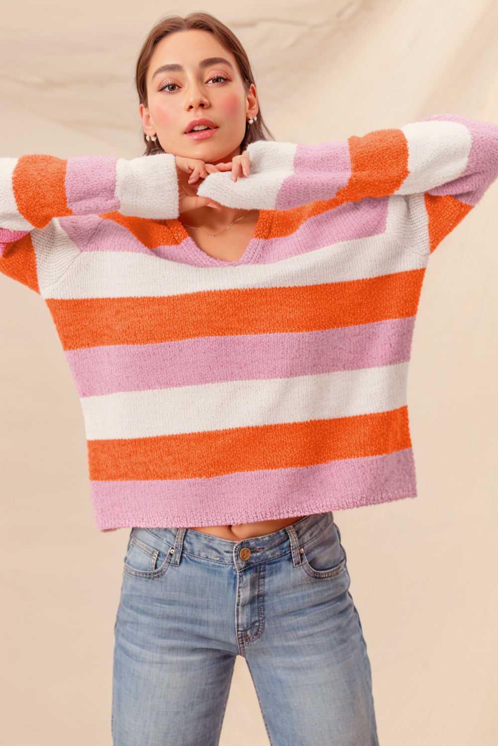 Orange Casual Stripe V Neck Side Slit Sweater-True and Wild