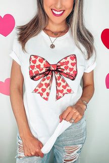 White Bow Heart Graphic Valentines Crewneck Tee