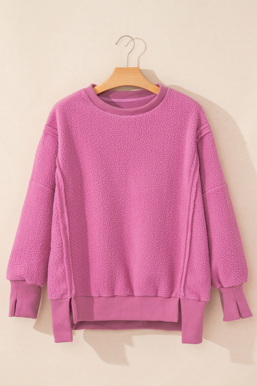 Bright Pink Sherpa Seamed Drop Shoulder Oversized Sweatshirt-True and Wild