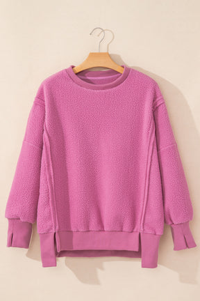 Bright Pink Sherpa Seamed Drop Shoulder Oversized Sweatshirt-True and Wild