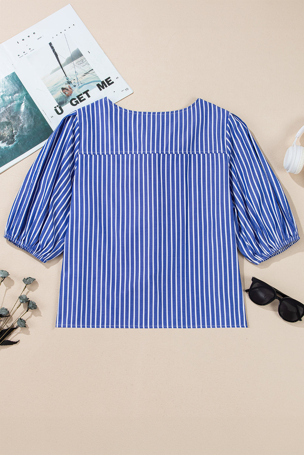 Blue Stripe Bow Tie Front Puff Short Sleeve Blouse