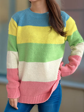 Color Block Round Neck Long Sleeve Sweater