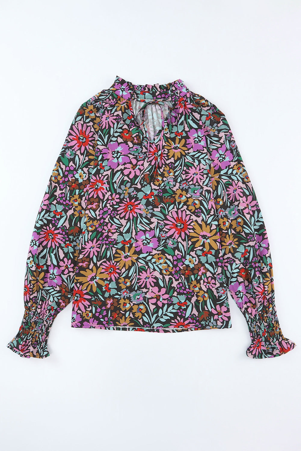 Multicolor Floral Boho Tie V Neck Peasant Blouse-True and Wild