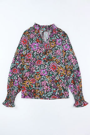 Multicolor Floral Boho Tie V Neck Peasant Blouse-True and Wild