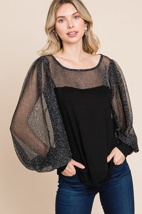 Super Lady Full Size Metallic Mesh Lantern Sleeve Blouse