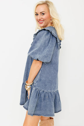 Dusk Blue Ruffle Collar Side Pockets Puff Sleeve Denim Mini Dress-True and Wild