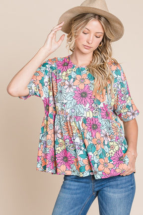 BOMBOM Floral Round Neck Short Sleeve Blouse-True and Wild