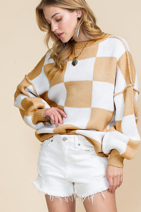 Orange & White Plaid Exposed Seam Bishop Sleeve Sweater-True and Wild