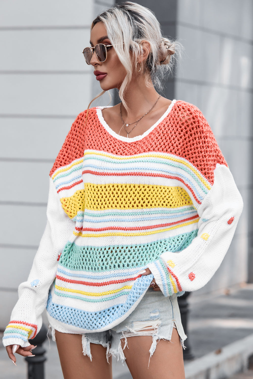 Hollow Striped Color Block Round Neck Sweater-True and Wild