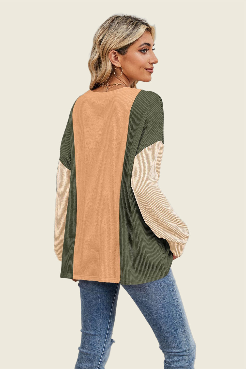 Double Take Texture Contrast Round Neck Long Sleeve T-Shirt-True and Wild