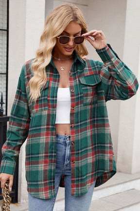 Green Plaid Chest Pocket Button Front Shirt-True and Wild