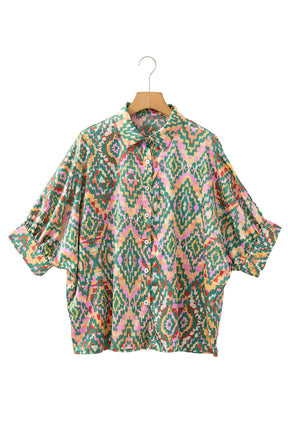 Dark Green Geometric Print Button Up Shirt-True and Wild