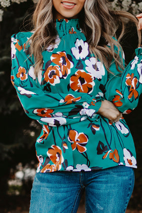 Green Mock Neck Top Floral Print Long Sleeve Silk Blouse-True and Wild