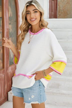 White Colorblock 3/4 Sleeve Relaxed Top