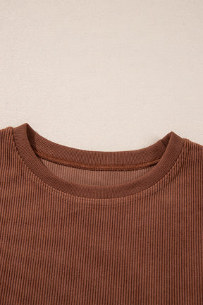 Chestnut Plain Drop Sleeve Crinkle Rib Oversized Sweatshirt-True and Wild