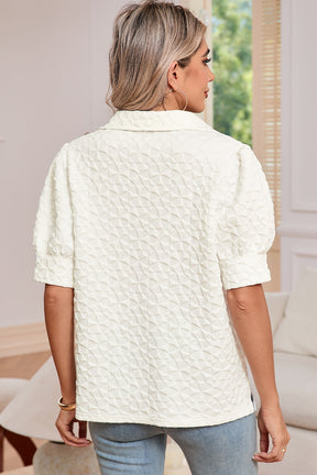 White V Neck Collared Texture Puff Sleeve Top