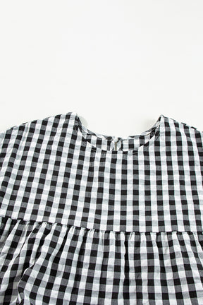 Black Plaid Drop Sleeve Tiered Oversized Blouse-True and Wild