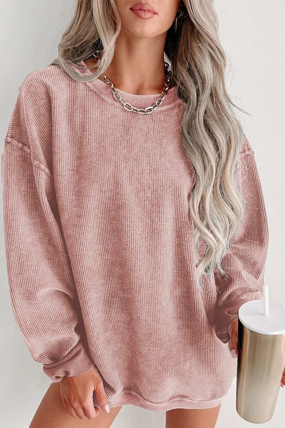 Pink Solid Ribbed Round Neck Pullover Sweatshirt-True and Wild