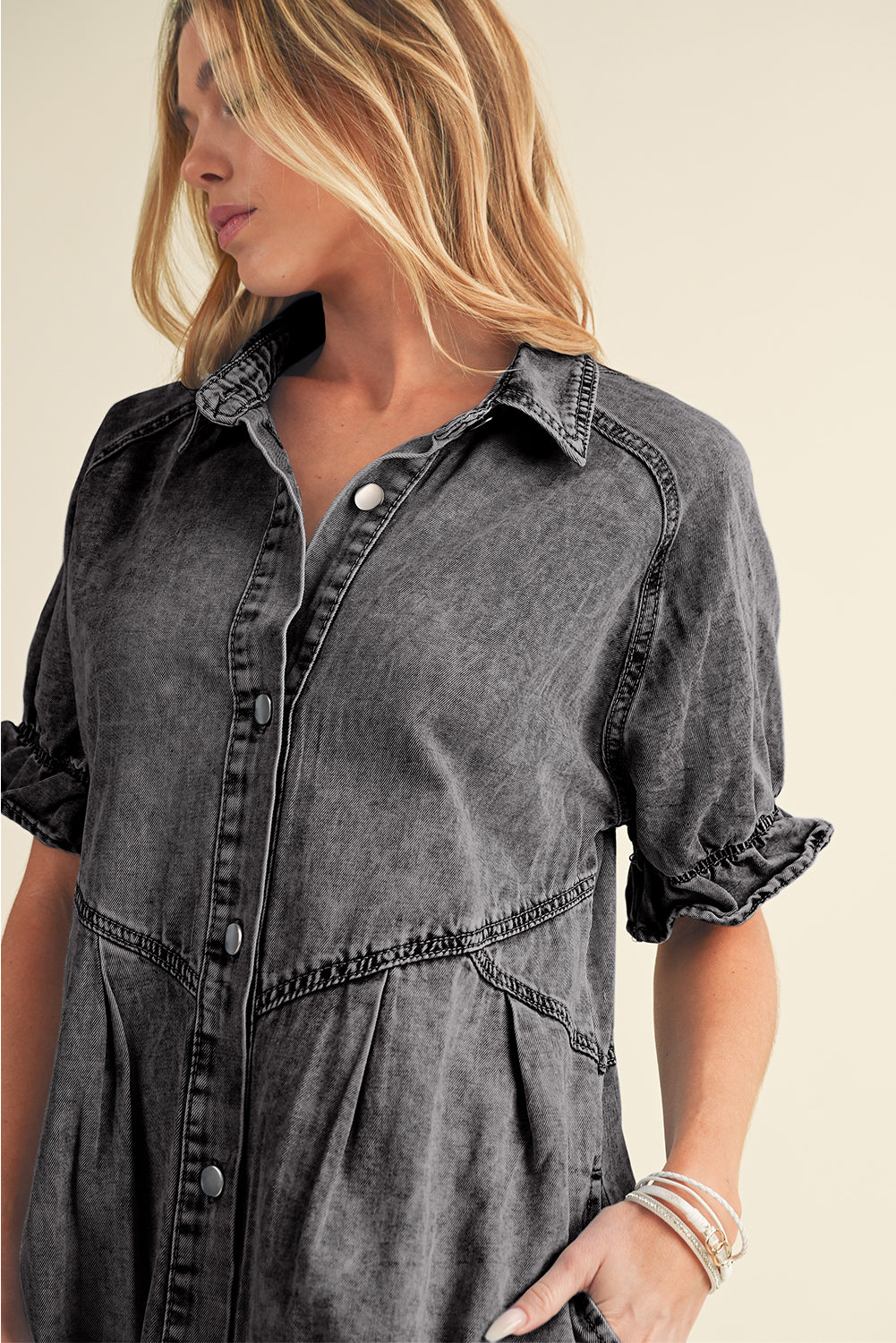 Blue Mineral Washed Ruffled Short Sleeve Pocketed Denim Dress-True and Wild