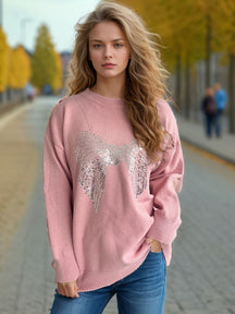 Sequin Bow Round Neck Long Sleeve Sweater