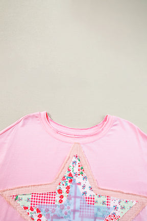 Pink Vibrant Star Patchwork Loose T-shirt-True and Wild