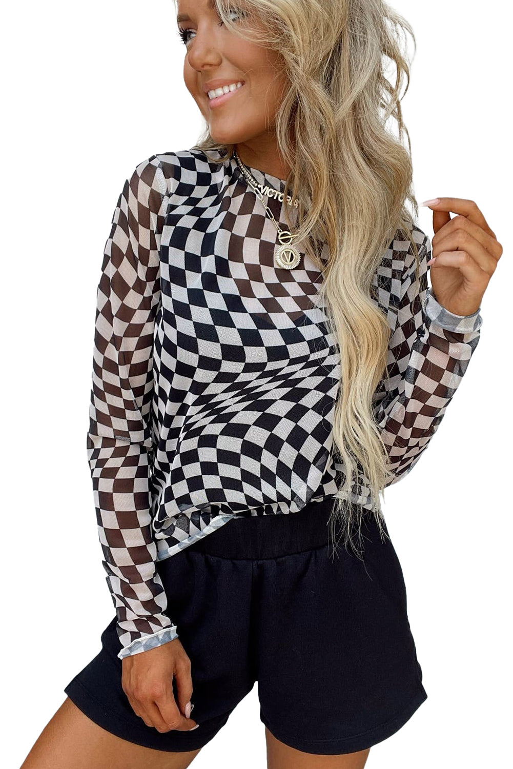 Black Checkered Pattern Mesh Long Sleeve Top-True and Wild