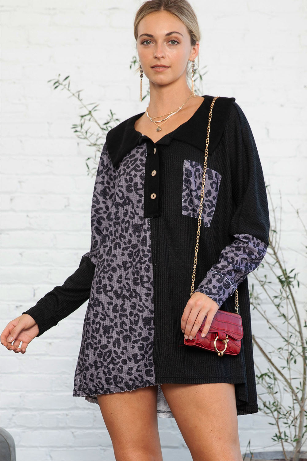 Black Waffle Knit and Leopard Print Color Block Oversized Henley Shirt-True and Wild