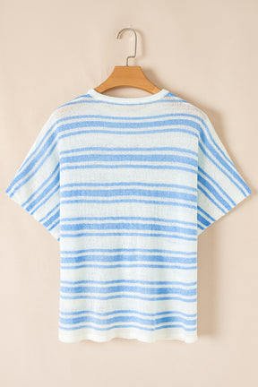 Sky Blue Stripe Boxy Fit Wide Sleeve Knit T Shirt