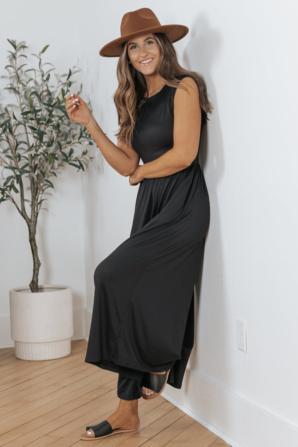 Black Solid Color Open Back Sleeveless Wide Leg Jumpsuit-True and Wild