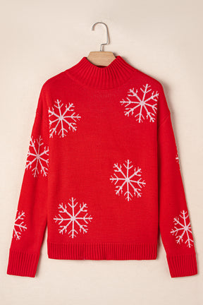 Fiery Red Christmas Snow Printed High Neck Sweater-True and Wild